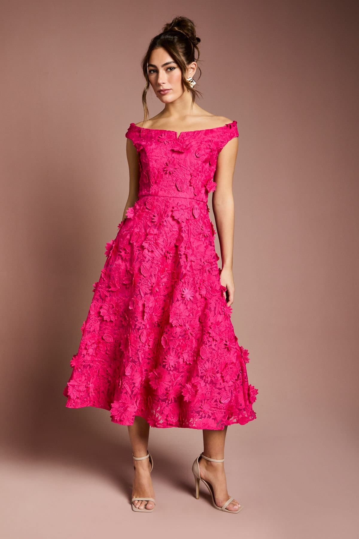 Coast Coast Women's 3d Floral Bardot Midi Dresss in Hot Pink