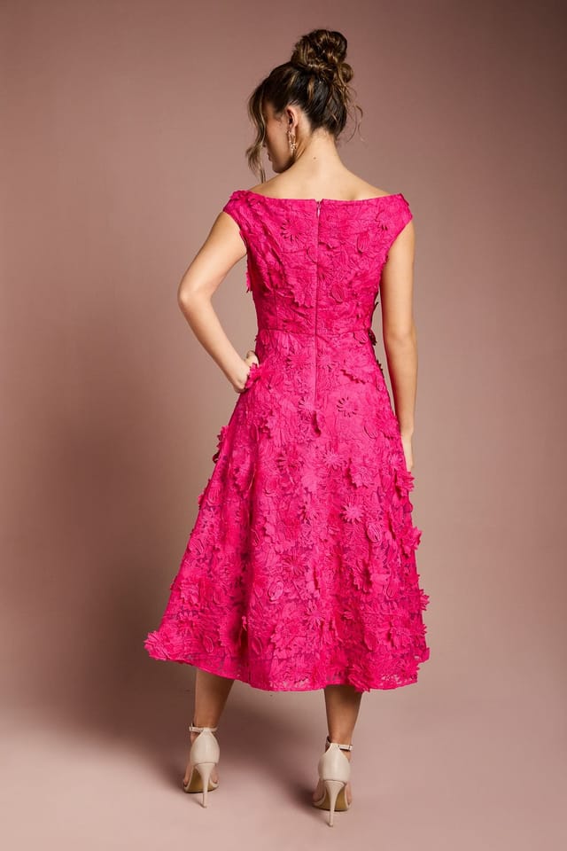 Coast Coast Women's 3d Floral Bardot Midi Dresss in Hot Pink - 3