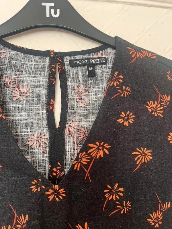 Next Next Black Patterned Linen Summer Dress Petite