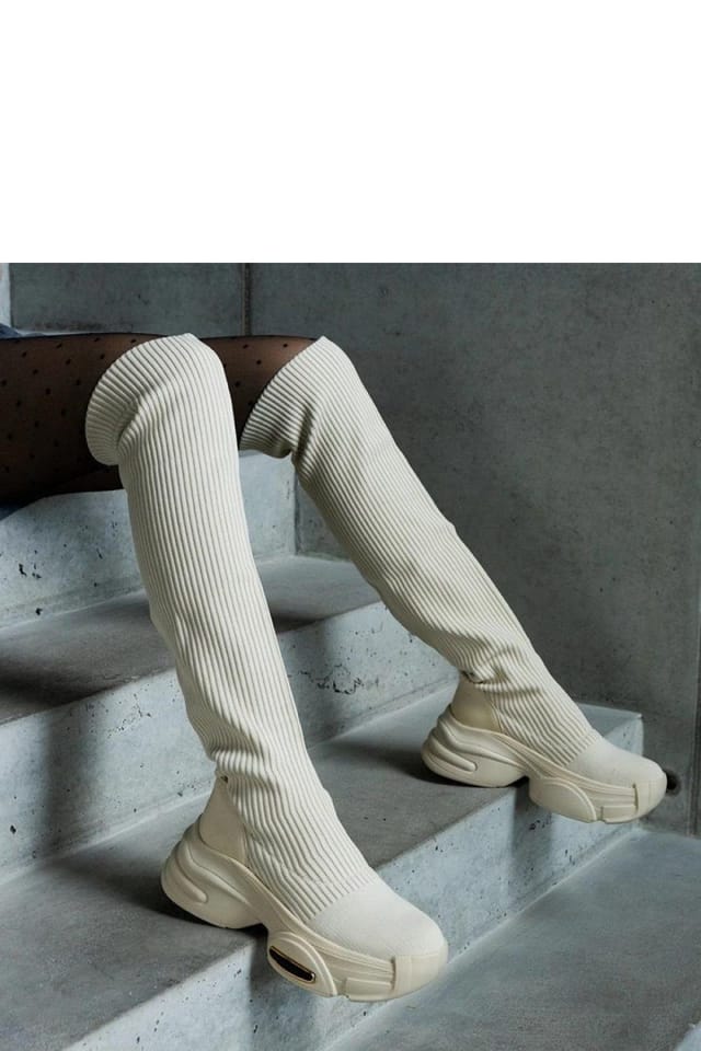 Love Lace Love Lace Women's Thigh High Slip On Boots Beige Textile Elastic Collar Thick Sole - 2