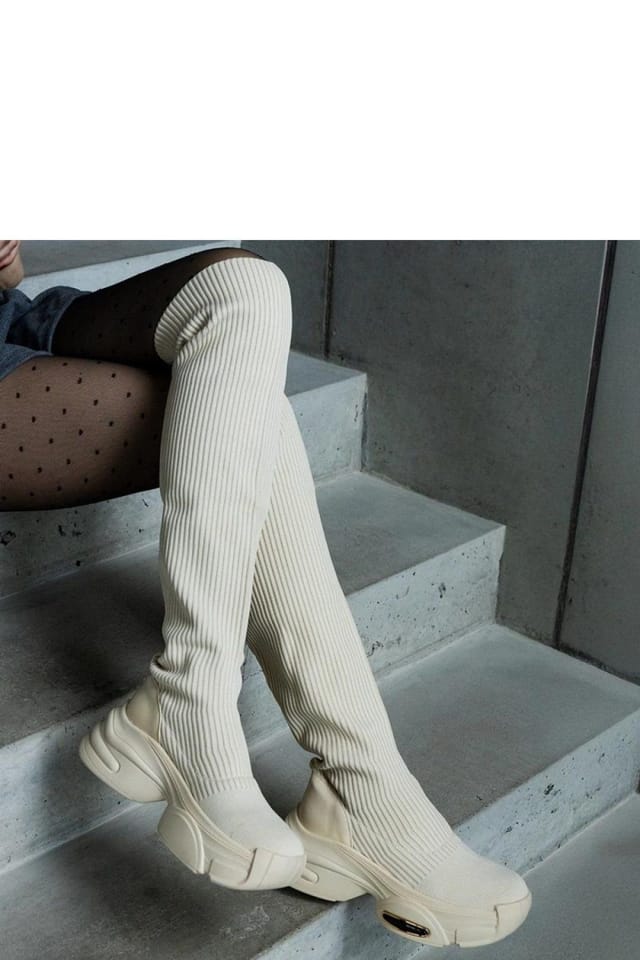 Love Lace Love Lace Women's Thigh High Slip On Boots Beige Textile Elastic Collar Thick Sole - 3