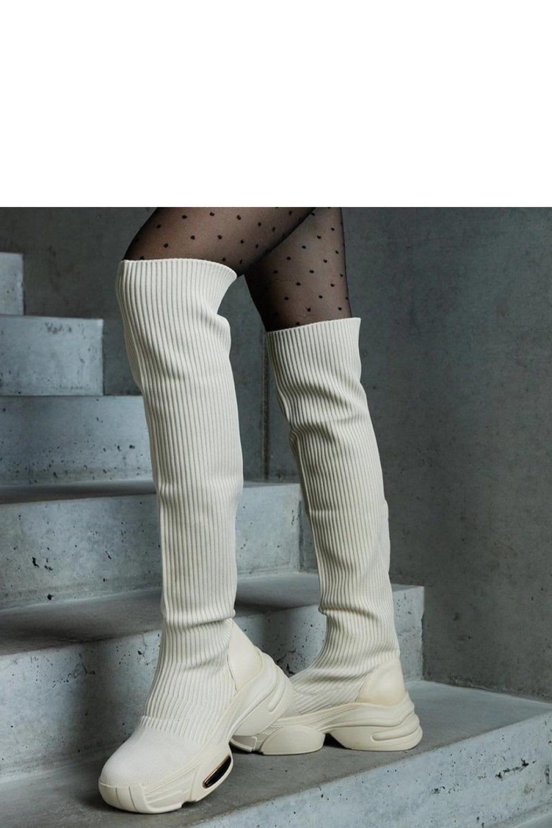 Love Lace Love Lace Women's Thigh High Slip On Boots Beige Textile Elastic Collar Thick Sole - 4