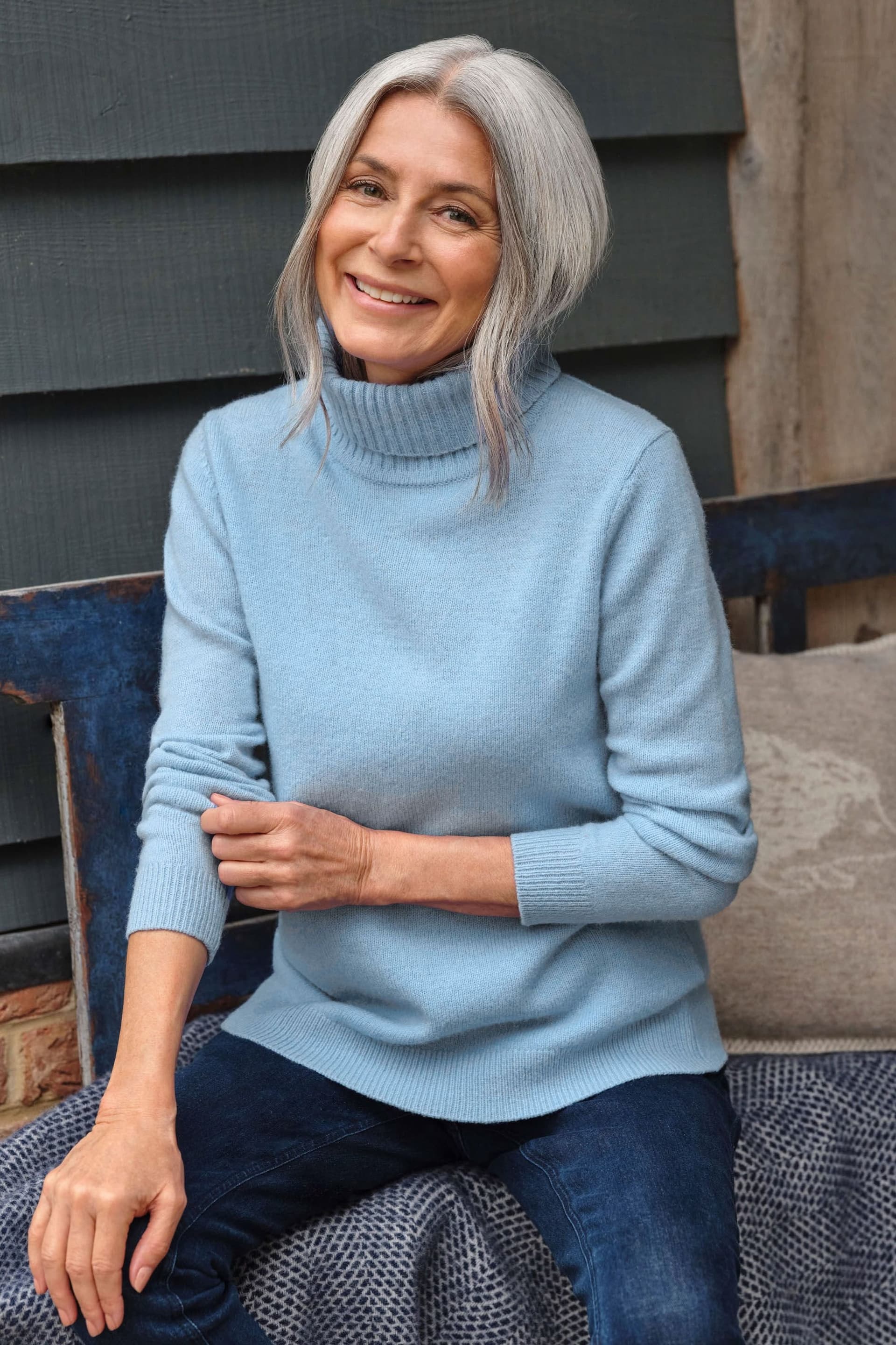 WoolOvers WoolOvers Women's 100% Wool Polo Neck Jumper in Baby Blue
