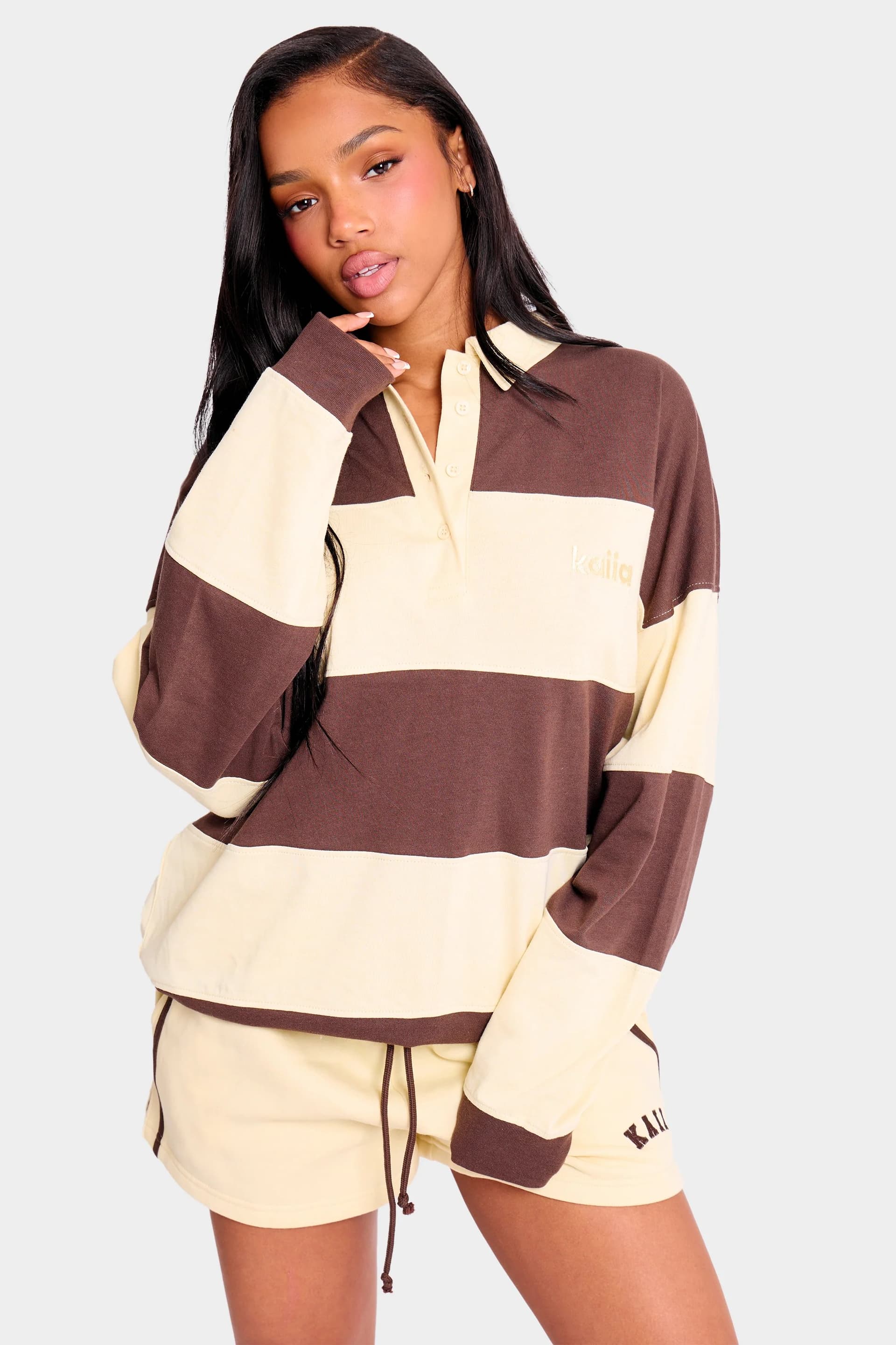 Kaiia Kaiia Striped Oversized Rugby Style Top Butter Yellow & Brown
