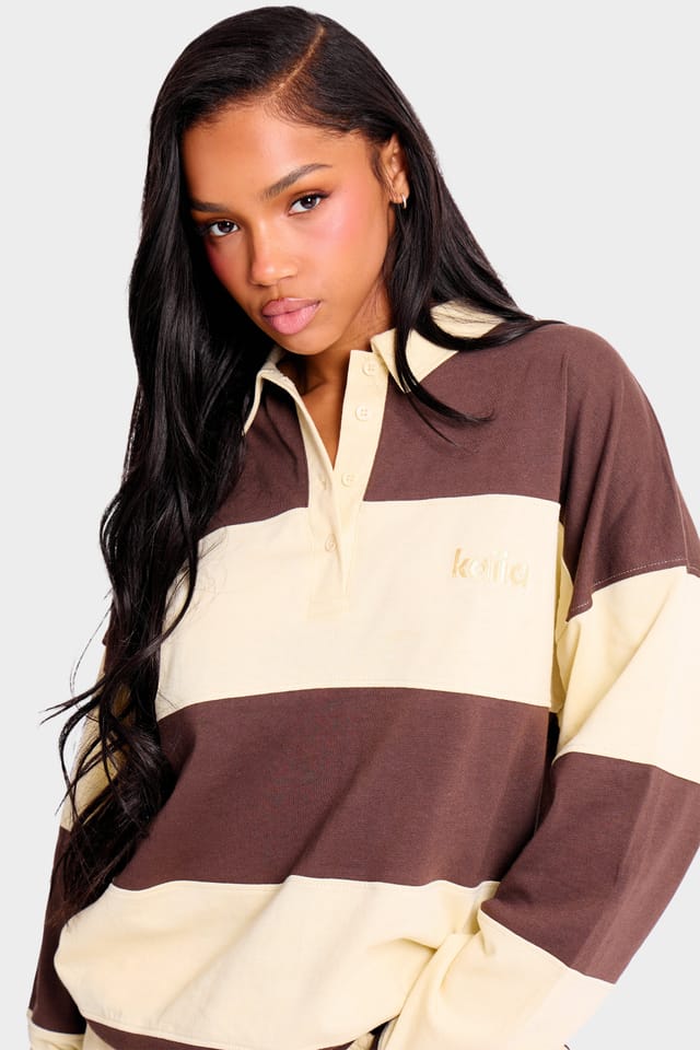Kaiia Kaiia Striped Oversized Rugby Style Top Butter Yellow & Brown - 2