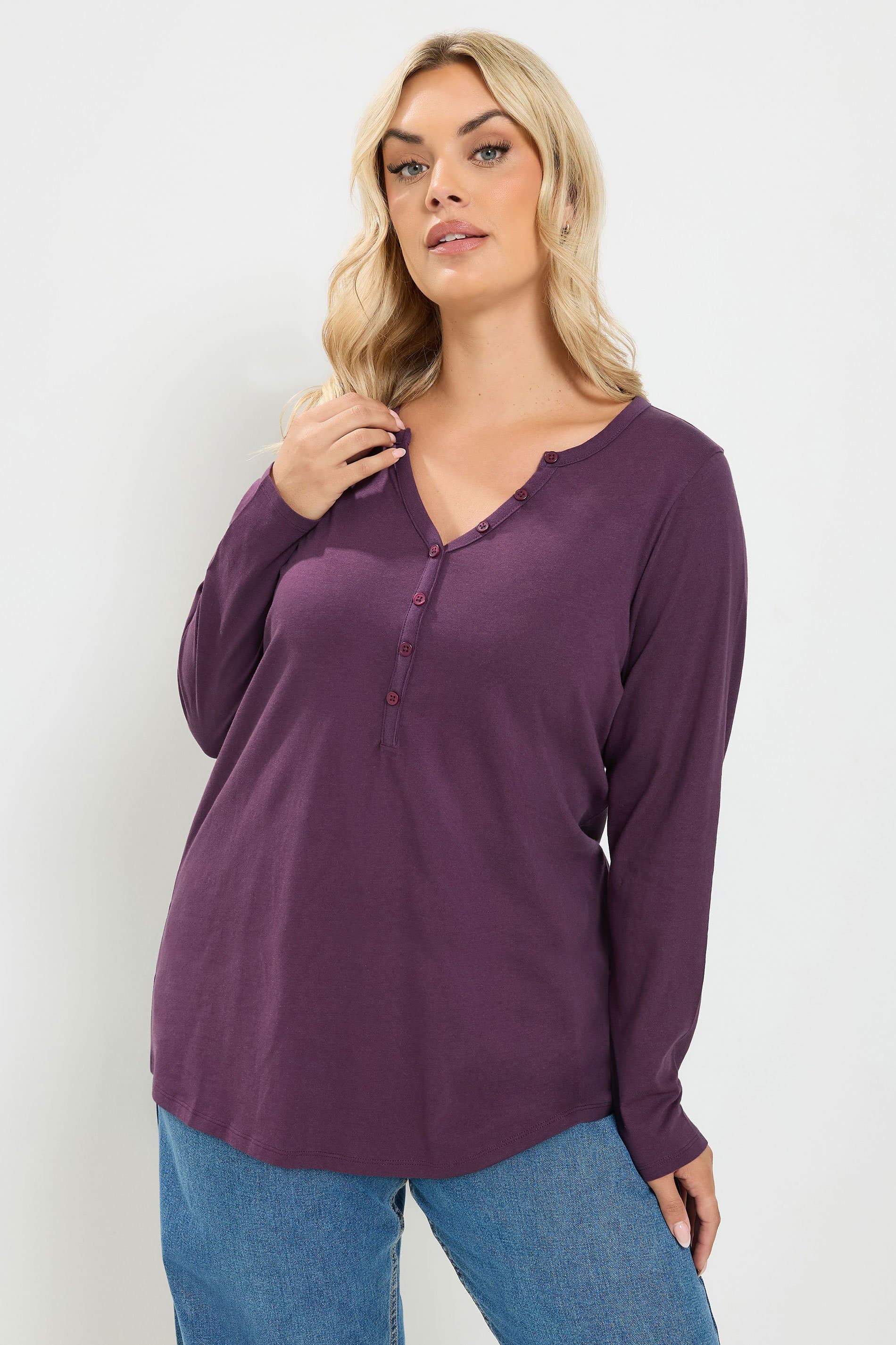 Yours Plus Size Purple Henley Long Sleeve Tshirt