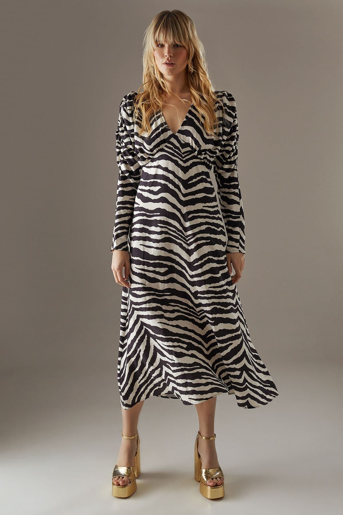 Warehouse Warehouse Women's Zebra Viscose V Neck Long Puff Sleeve Midi Dress