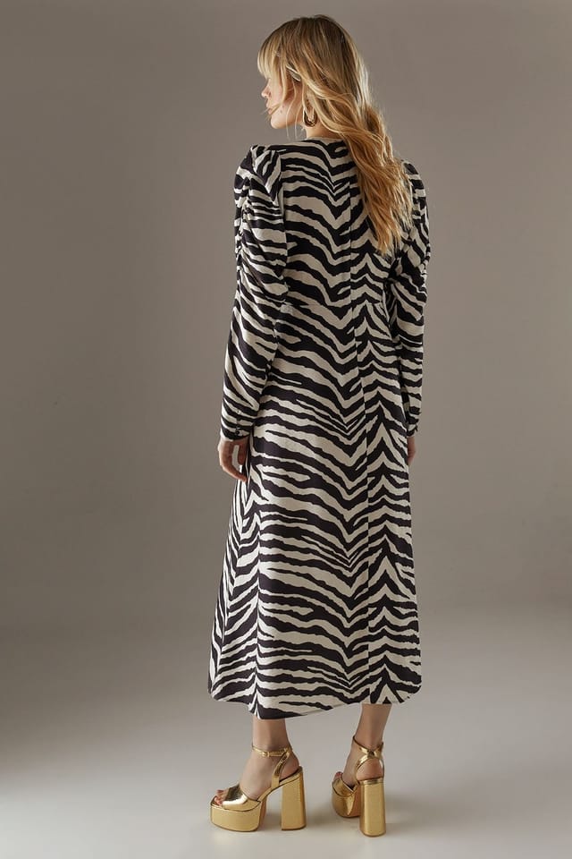Warehouse Warehouse Women's Zebra Viscose V Neck Long Puff Sleeve Midi Dress - 3