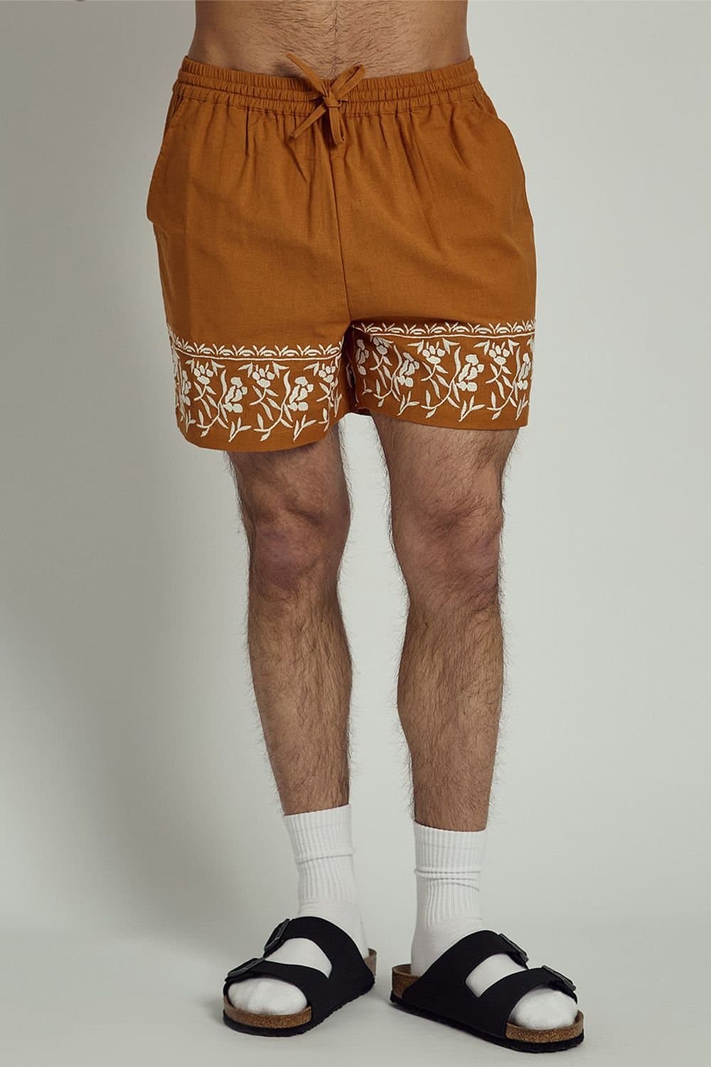 Native Youth Native Youth Men's Cotton Linen Blend Embroidered Trim Elasticated Shorts in Orange