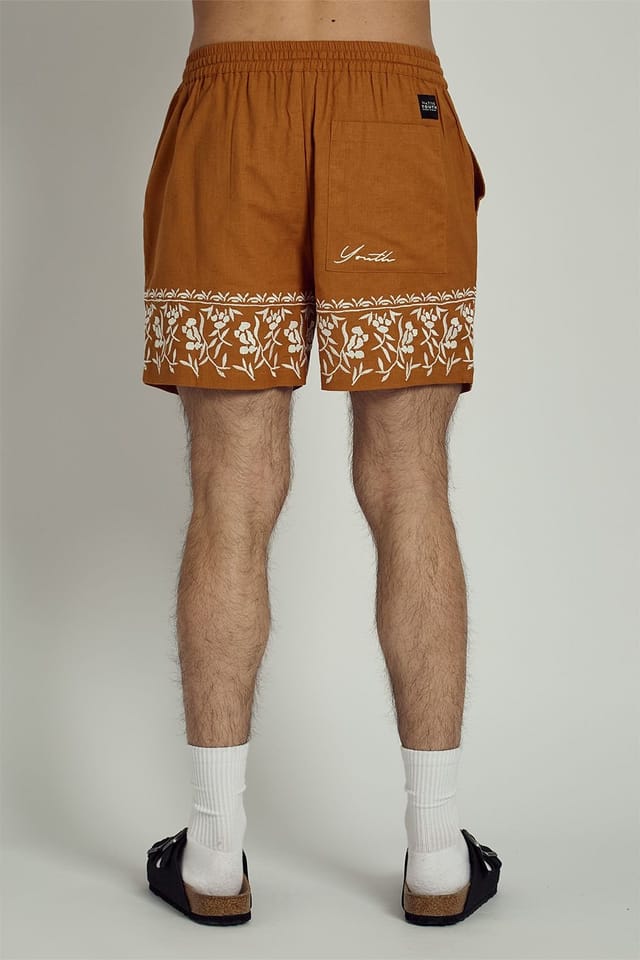 Native Youth Native Youth Men's Cotton Linen Blend Embroidered Trim Elasticated Shorts in Orange - 2