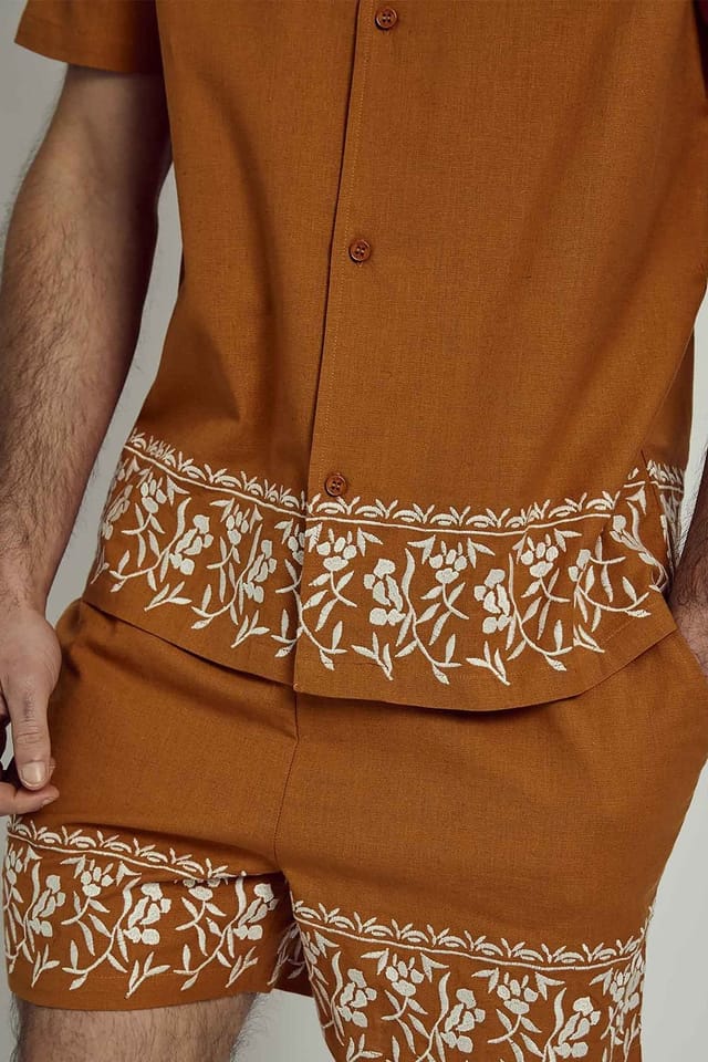 Native Youth Native Youth Men's Cotton Linen Blend Embroidered Trim Elasticated Shorts in Orange - 3