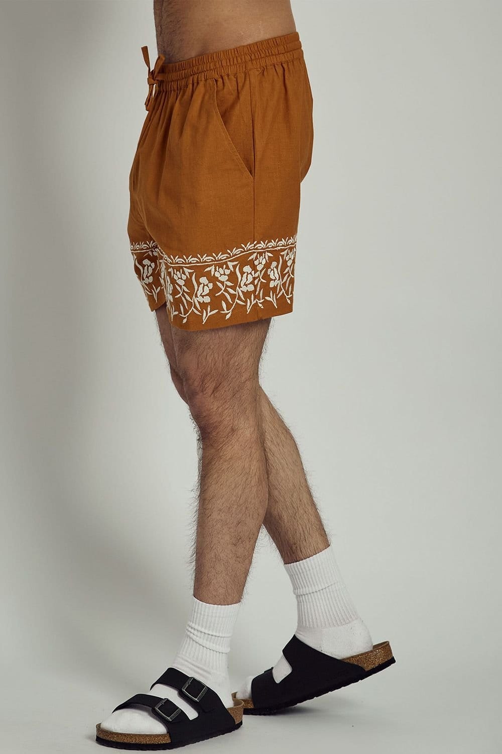 Native Youth Native Youth Men's Cotton Linen Blend Embroidered Trim Elasticated Shorts in Orange - 4