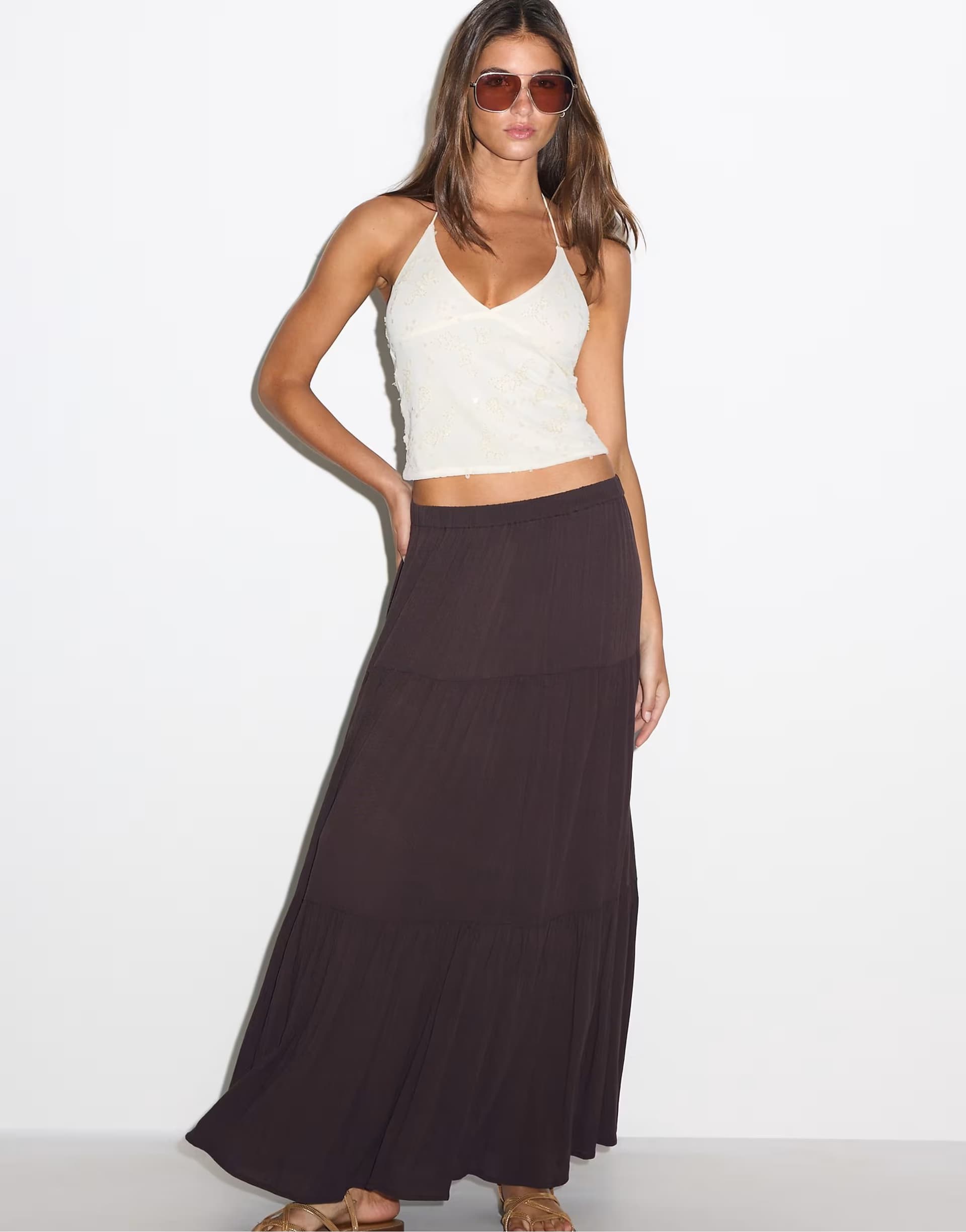 ASOS Stradivarius Embroidered sequin halter top in vanilla