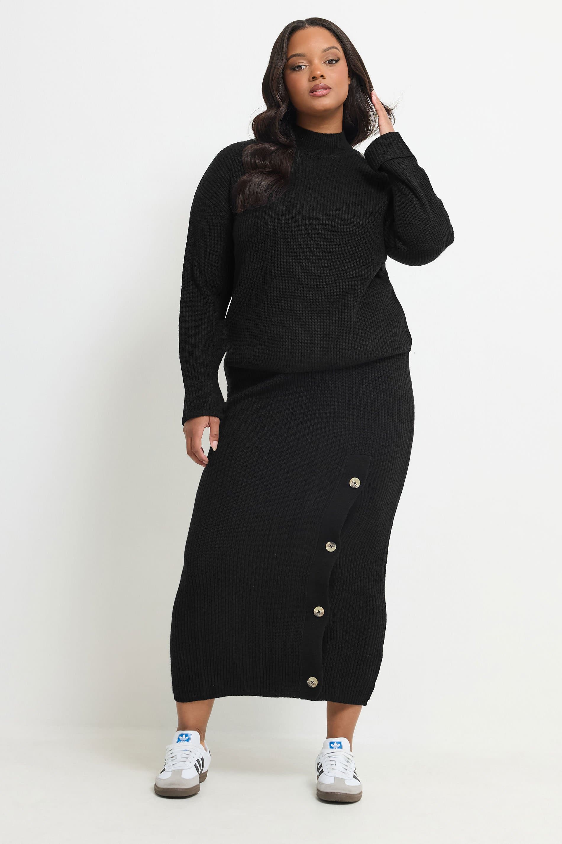 Limited Collection Plus Size Black Button Detail Knitted Skirt