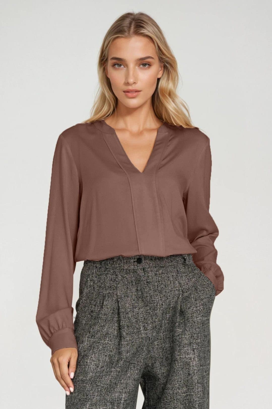 Love Lace Love Lace Women's Classic V Neck Viscose Pleat Blouse with Cuffs in Brown