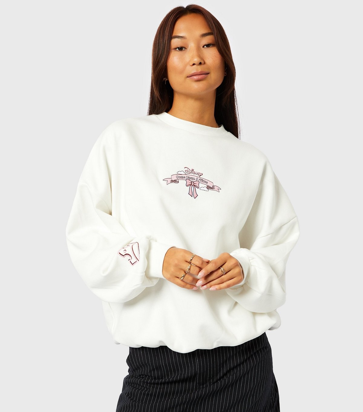 Skinnydip Women's Cream Disney Embroidered Slogan Sweatshirt Skinnydip New Look - 3