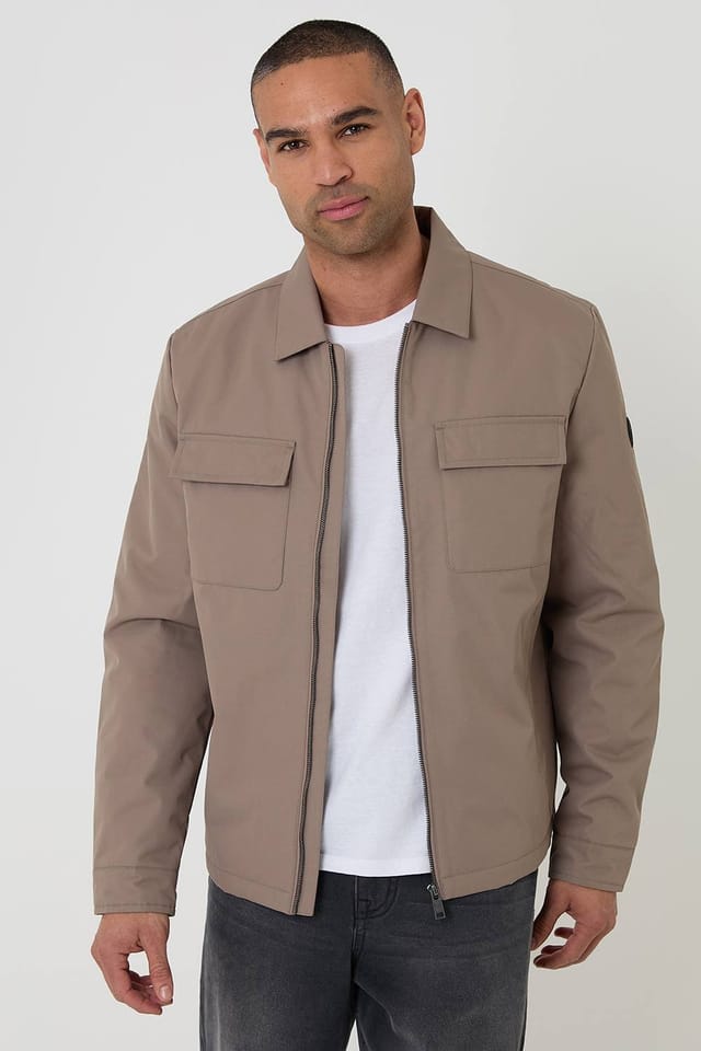 Threadbare Threadbare Men's Showerproof Lightweight Zip Up Jacket in Taupe - 2