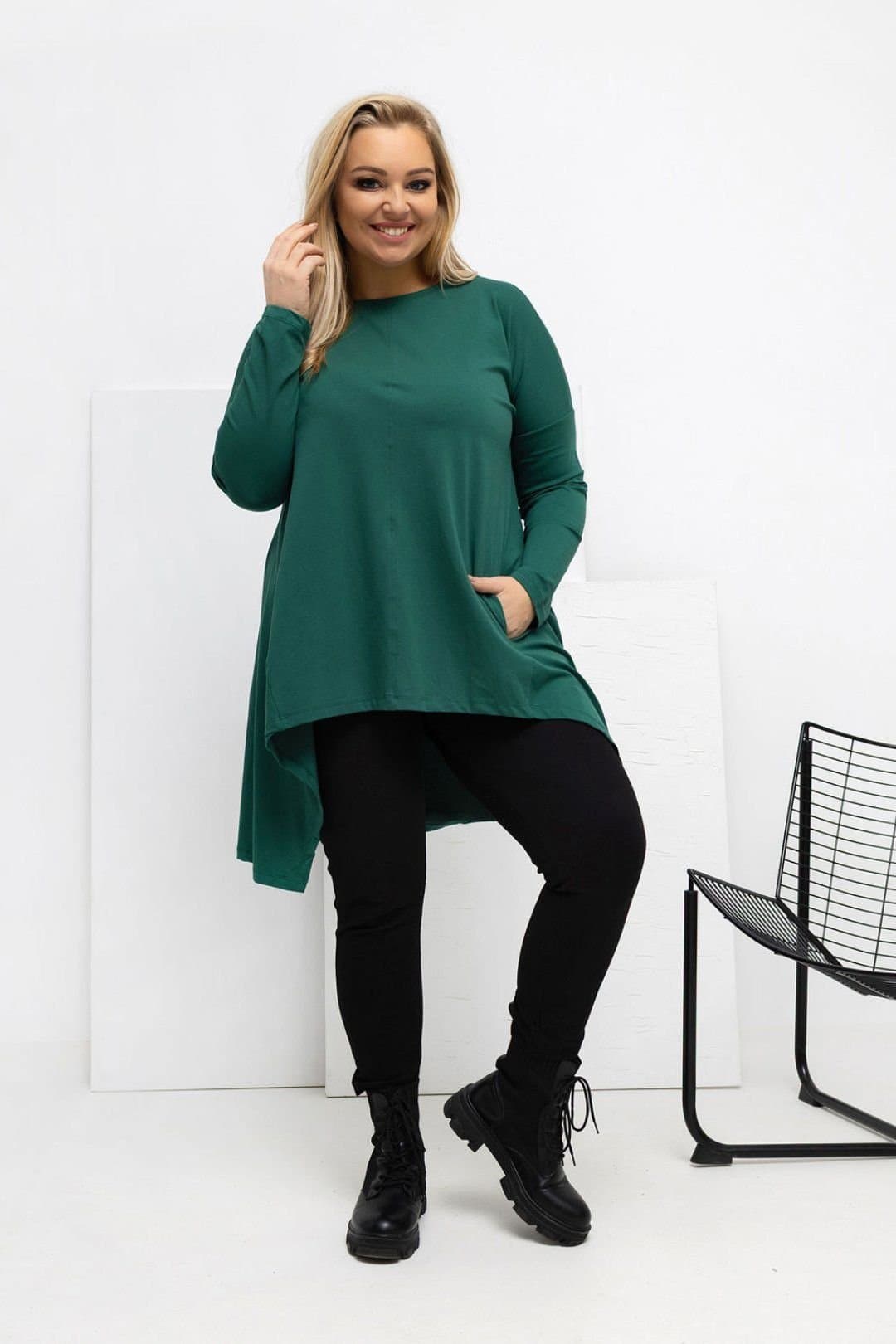 Love Lace Love Lace Women's Asymmetrical Cotton Plus Size Blouse with Pockets in Green