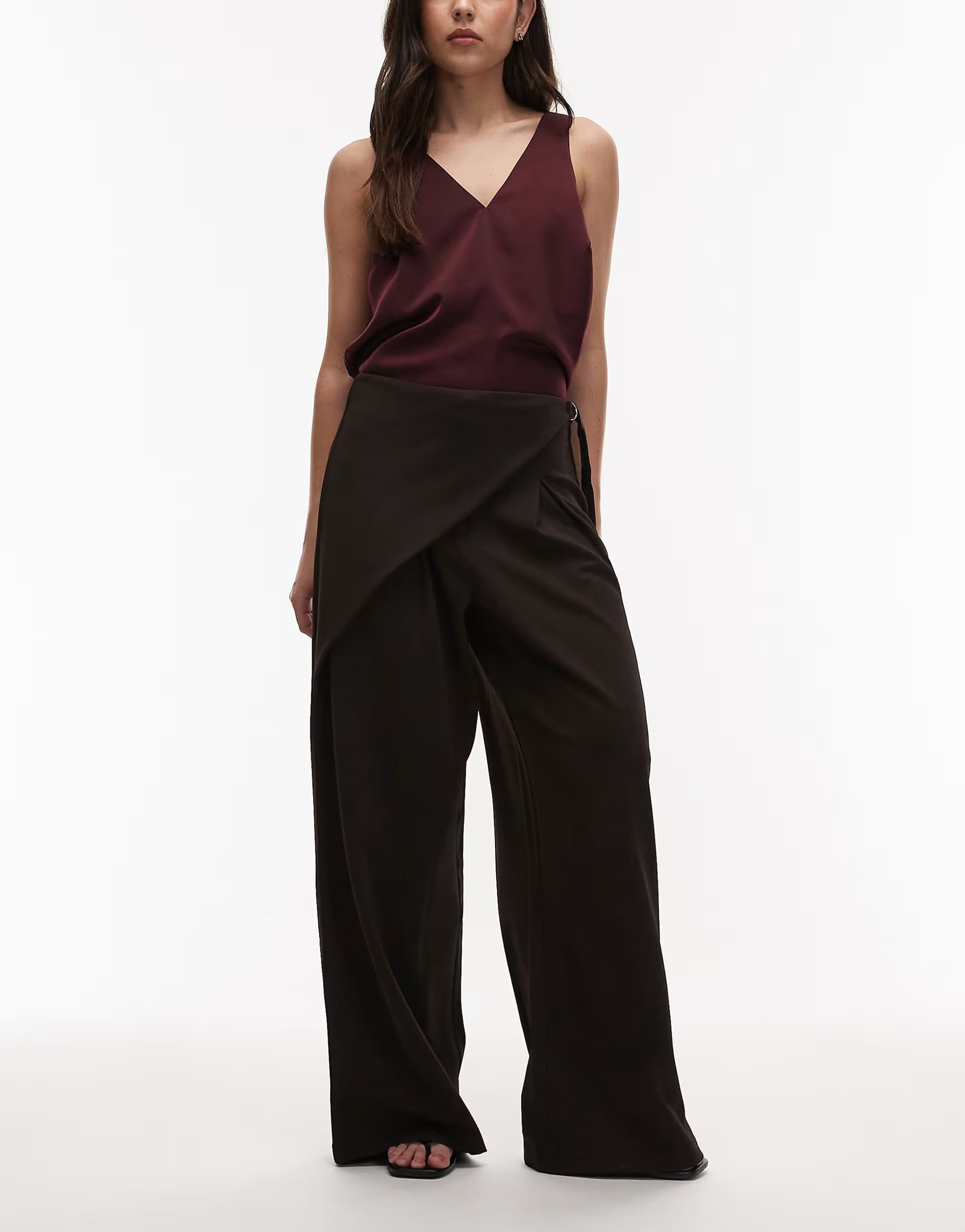 ASOS ASOS DESIGN slinky twill tailored wide leg trouser with skirt wrap detail in chocolate