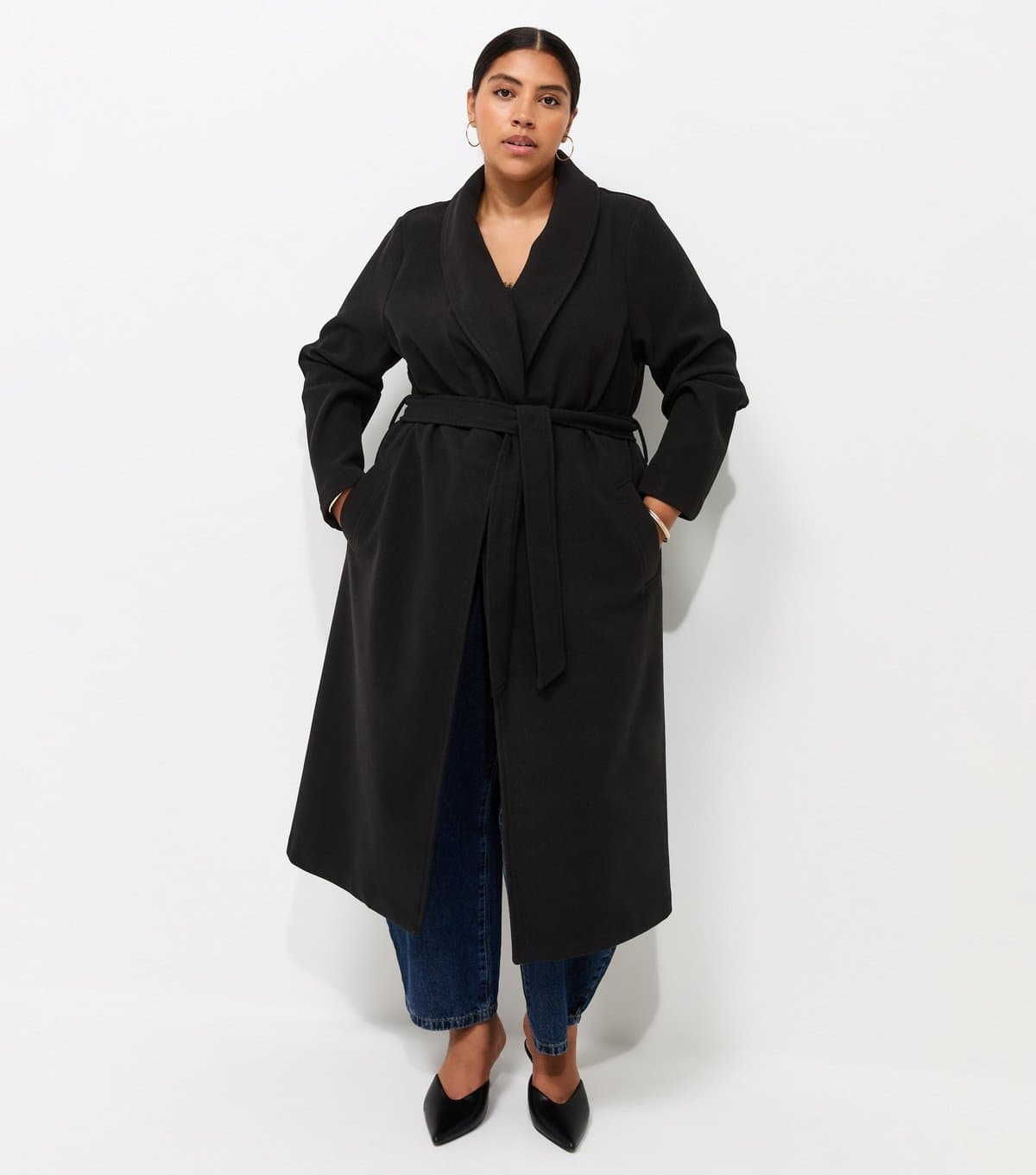 New Look Women's Plus Size Black Shawl Lapel Midi Coat Curves New Look