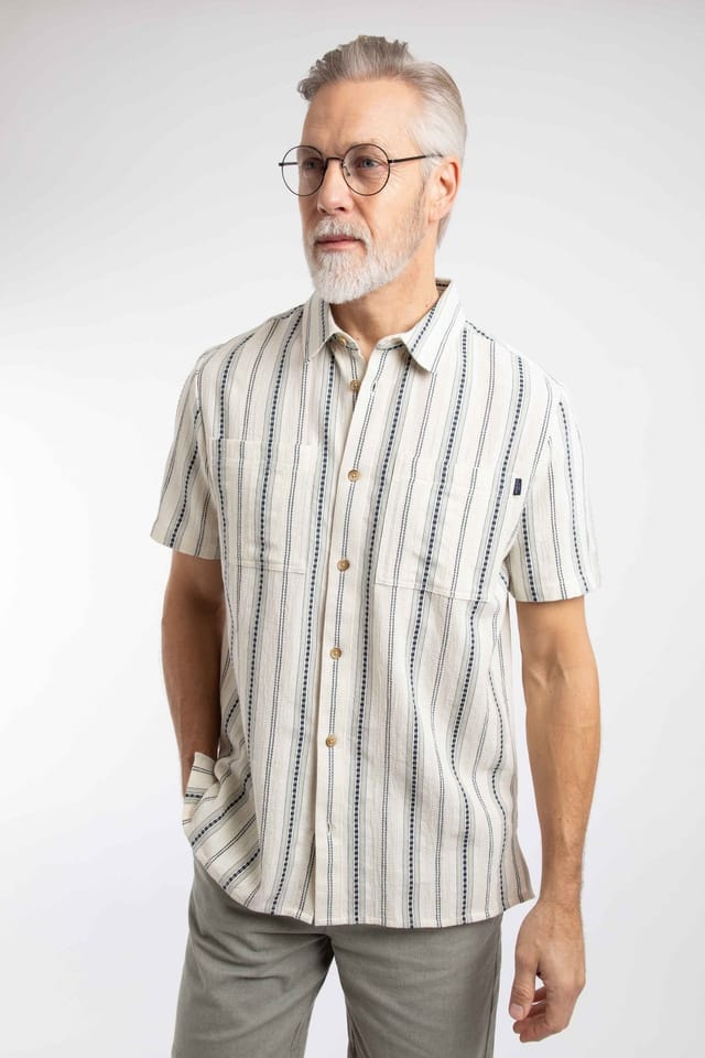 Weird Fish Weird Fish Men's Madoc Woven Short Sleeve Striped Shirt in Off-White - 3