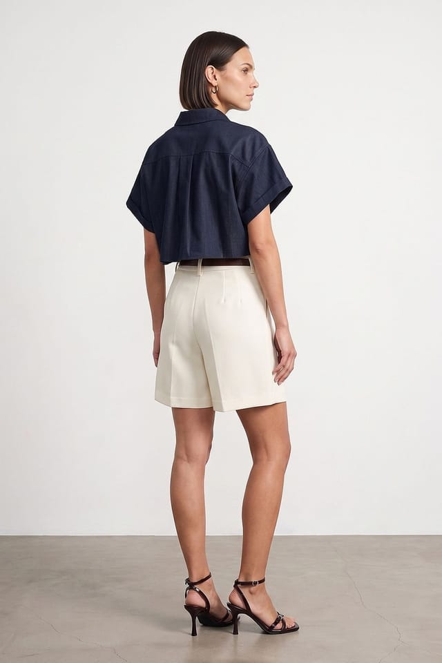 Dilvin Dilvin Women's High-Waist Tailored Crepe Shorts With Belt in Cream - 2