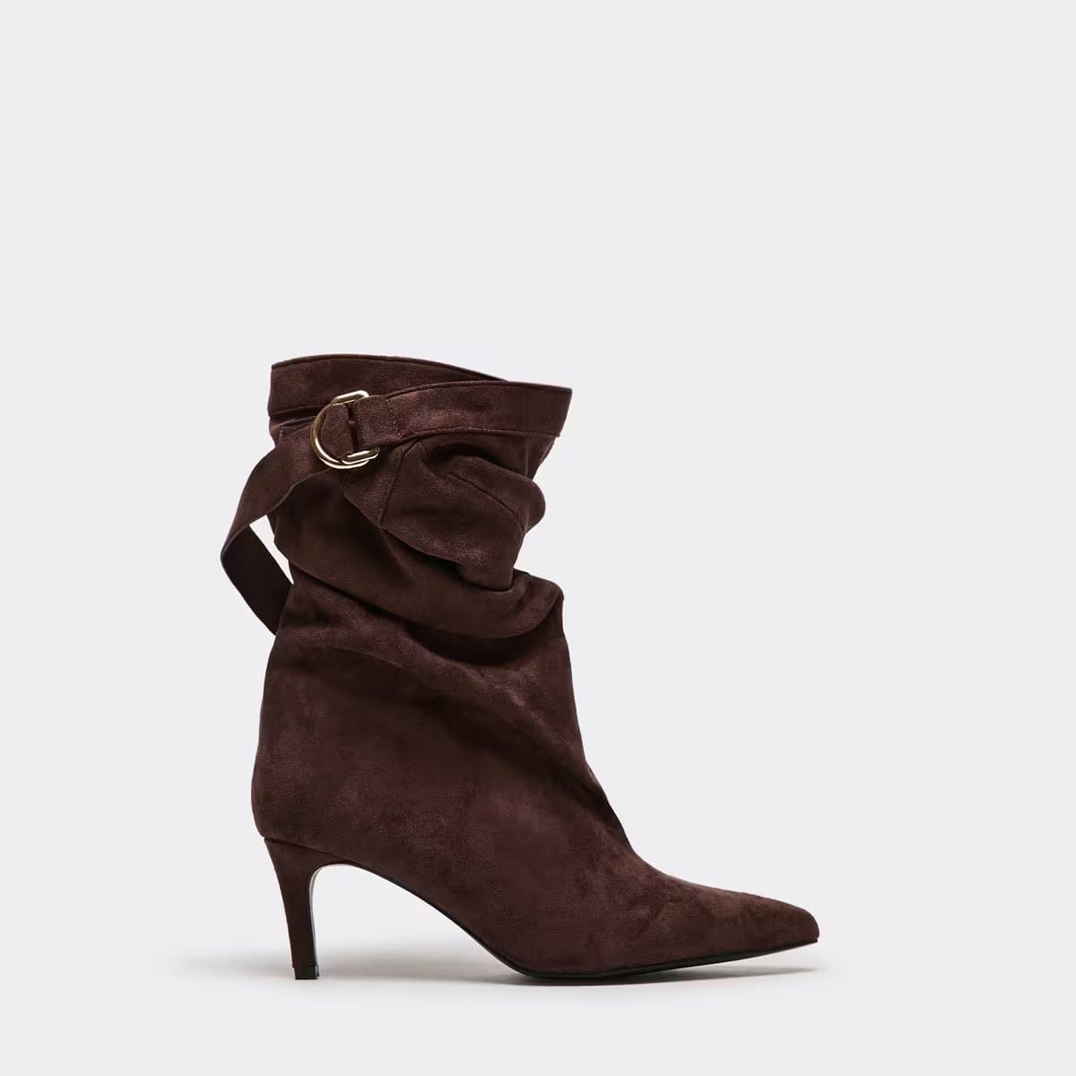 EGO Sonnet Buckle Detail Pointed Toe Kitten Heel Slouched Ankle Boot In Brown Faux Suede, Women's Size UK 4