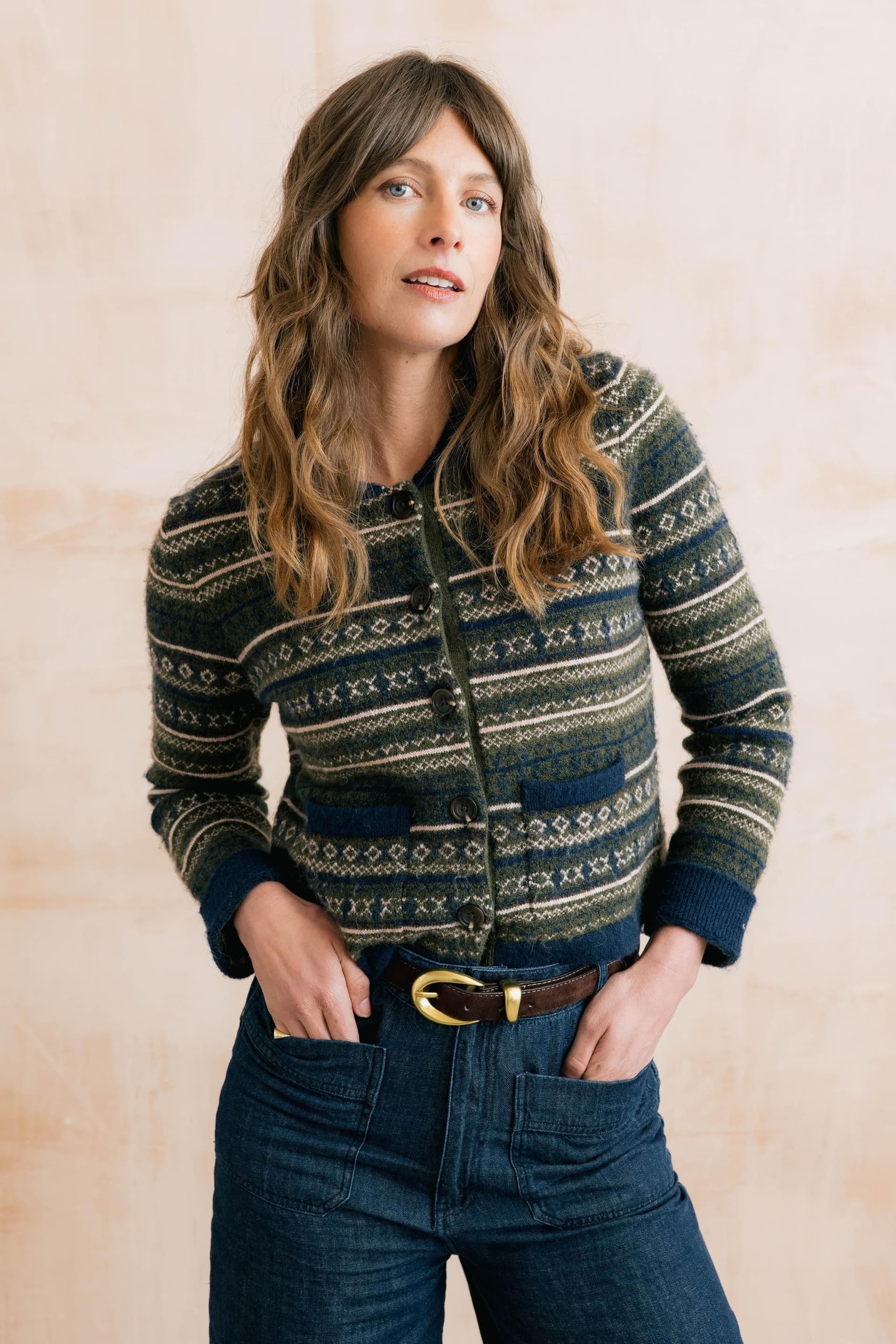 Lily & Me Lily & Me Women's Chestnut Fair Isle Blended Yarn Knitted Jacket with Patch Pocket in Olive