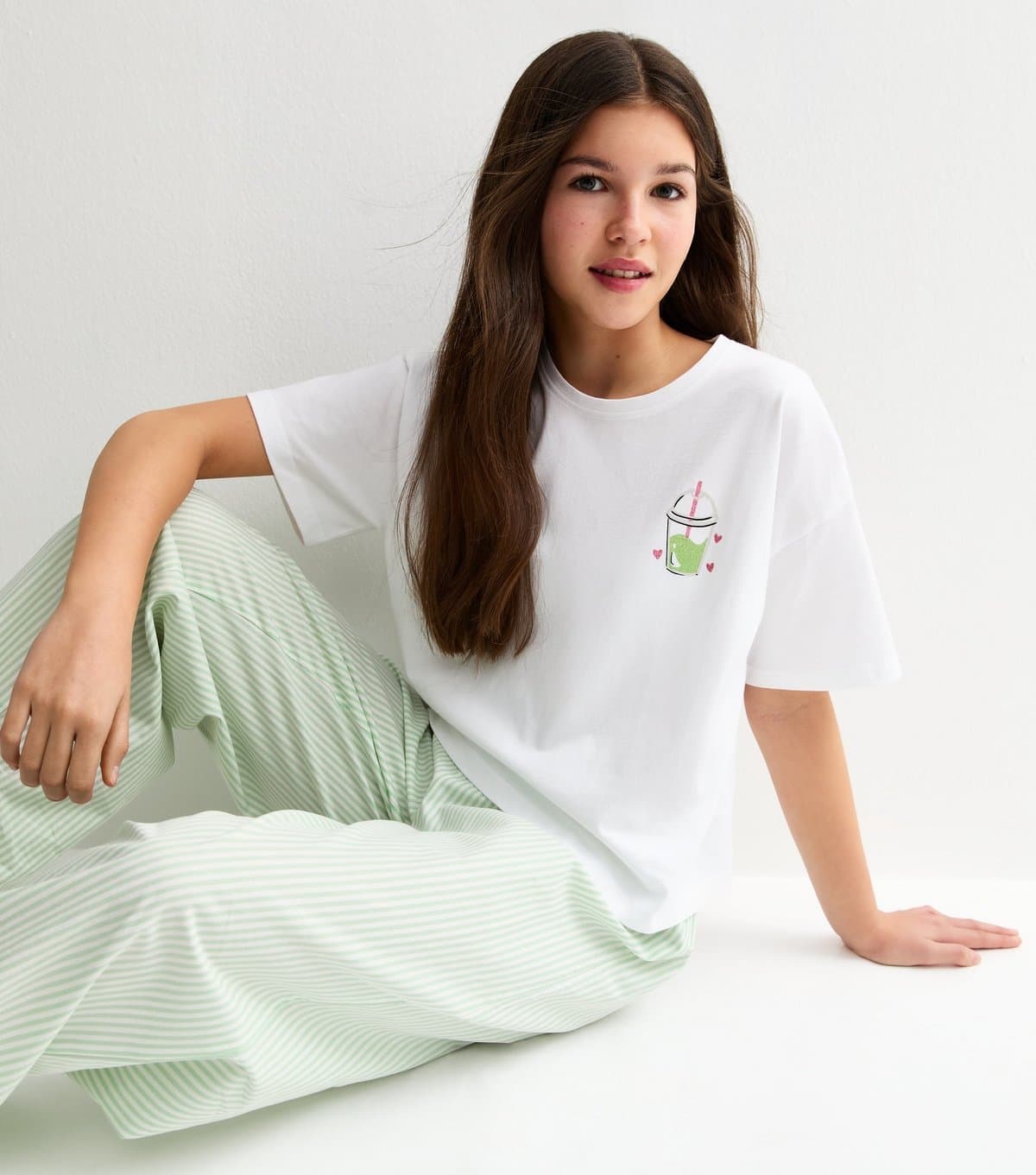 New Look Girls' White Bubble Tea T-Shirt And Stripe Wide Leg Trousers Pyjama Set New Look