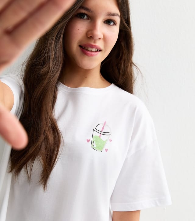 New Look Girls' White Bubble Tea T-Shirt And Stripe Wide Leg Trousers Pyjama Set New Look - 2