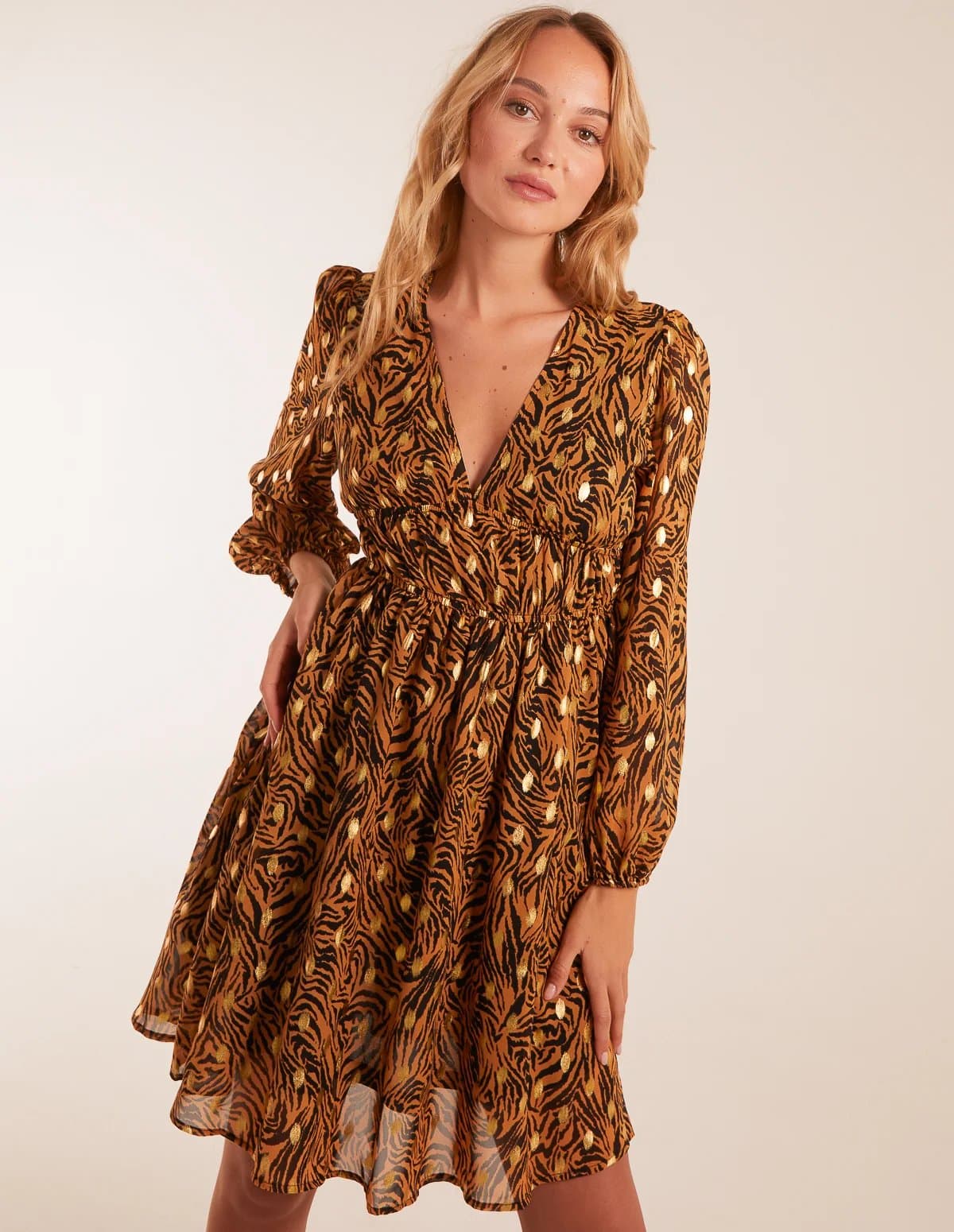 Blue Vanilla Shirred Waist Leopard Foil Wrap Front Mini Dress