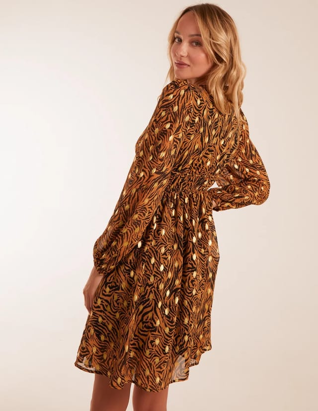 Blue Vanilla Shirred Waist Leopard Foil Wrap Front Mini Dress - 3