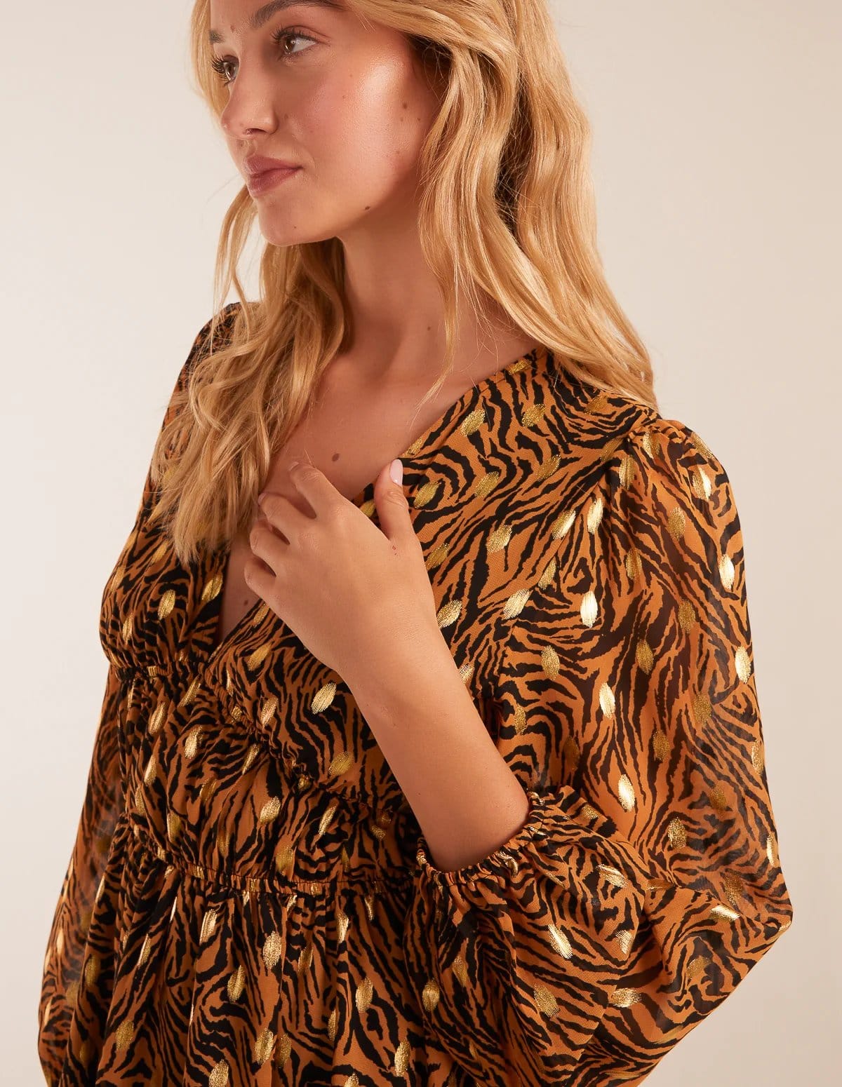Blue Vanilla Shirred Waist Leopard Foil Wrap Front Mini Dress - 4