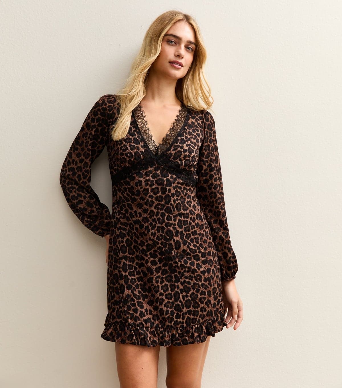 New Look Women's Brown Leopard Print Lace Trim long Sleeve Mini Dress New Look