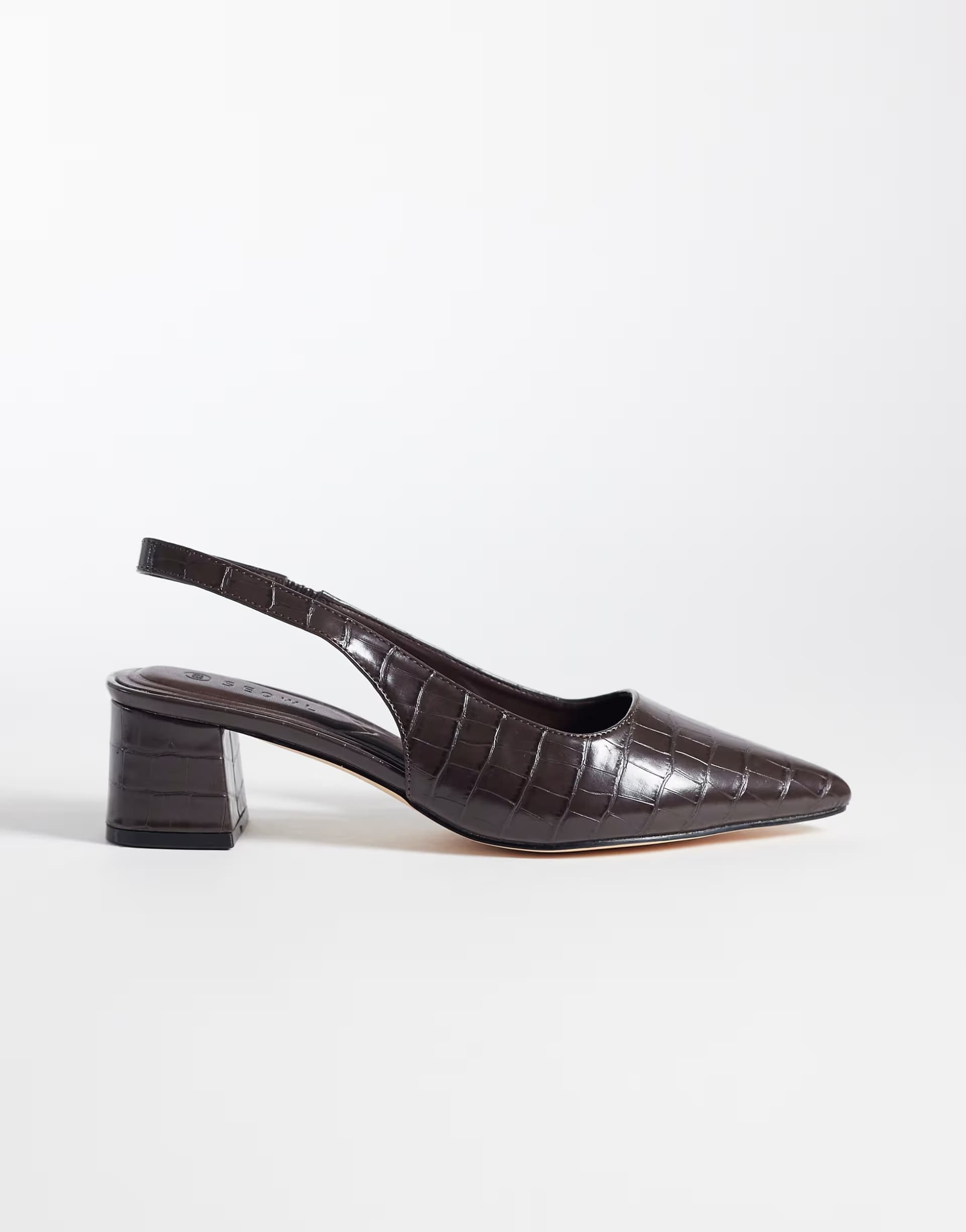 ASOS SEQWL Sorrento sling back low block heeled shoes in chocolate croc