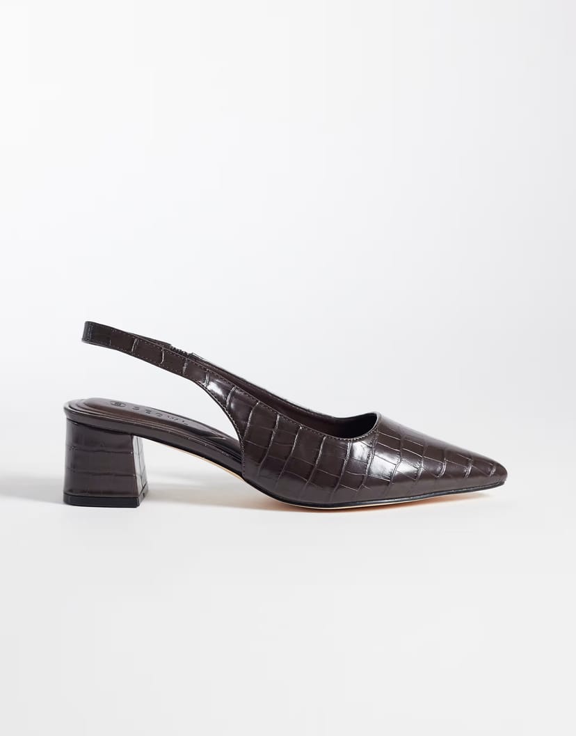 ASOS SEQWL Sorrento sling back low block heeled shoes in chocolate croc - 1
