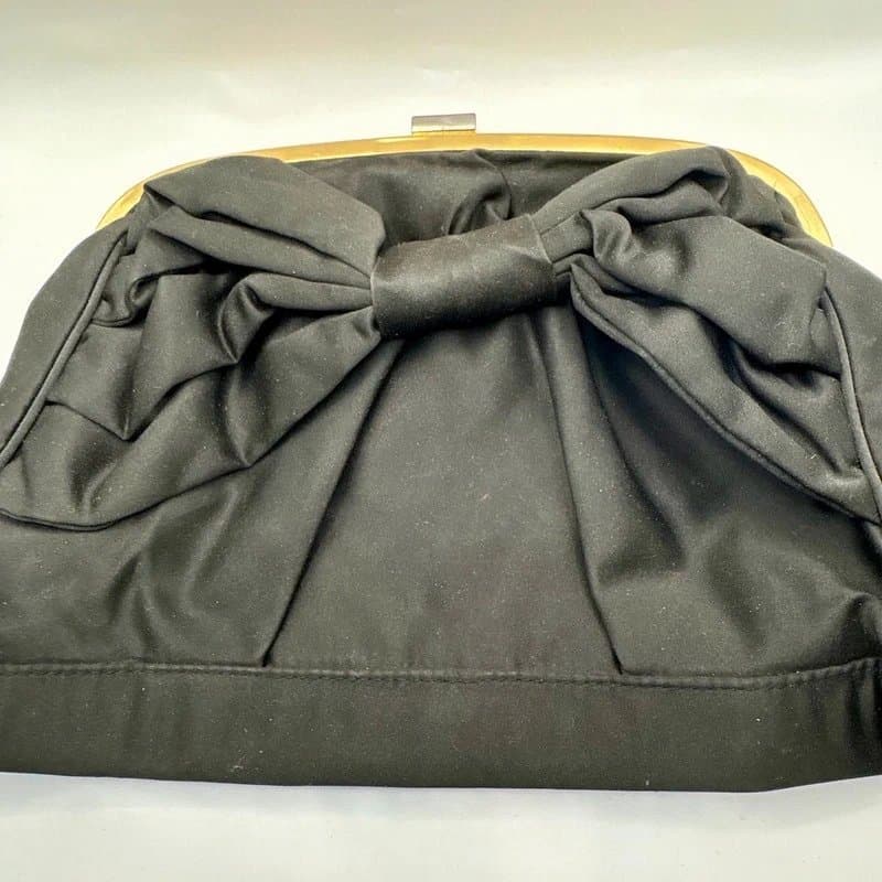 ASOS ASOS Black Satin Large Bow Clutch Bag Gold Tone Kiss Lock Evening / Prom / Wedding