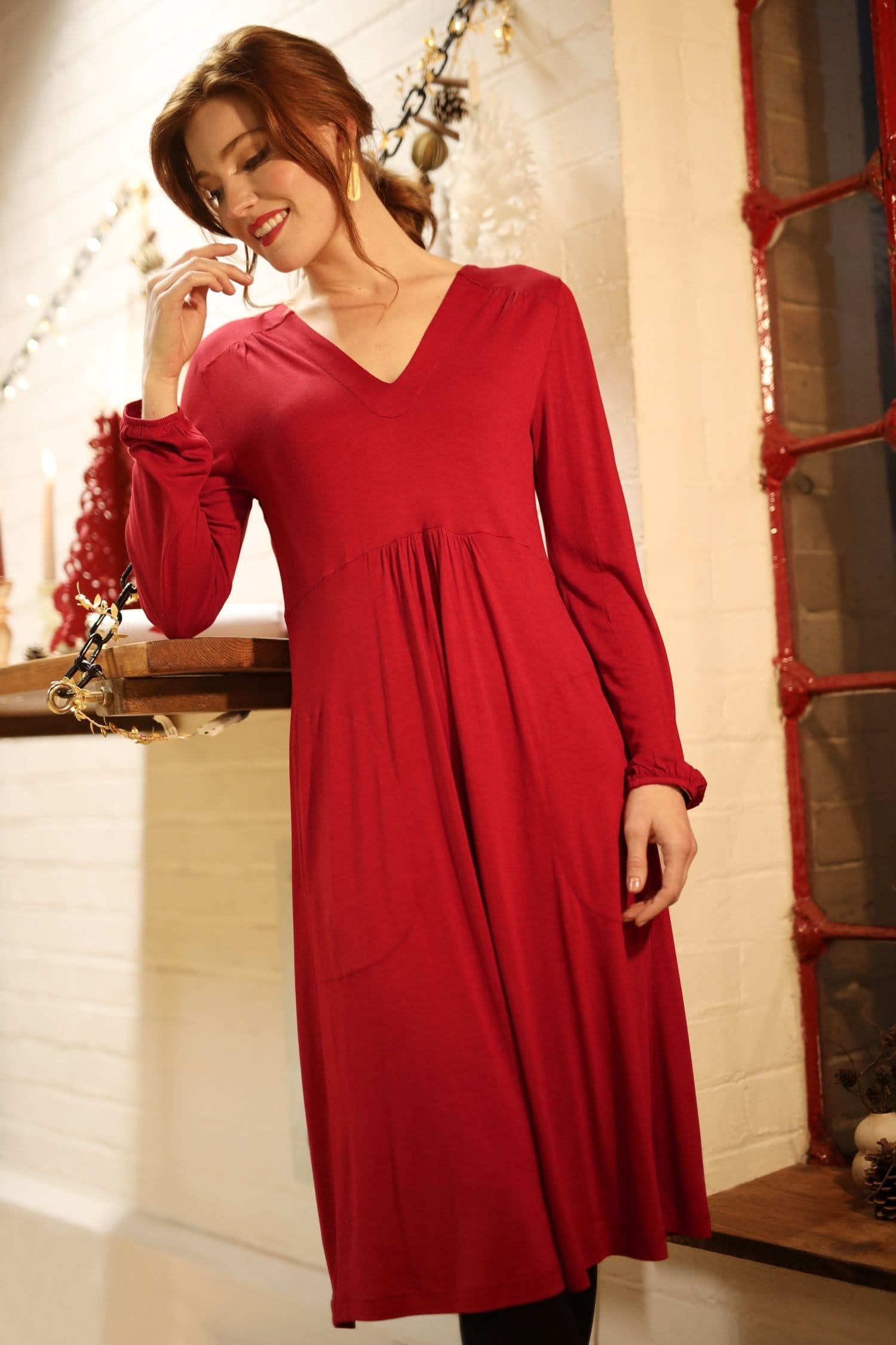 Nomads Clothing Dark Red V-Neck Yoke Dress