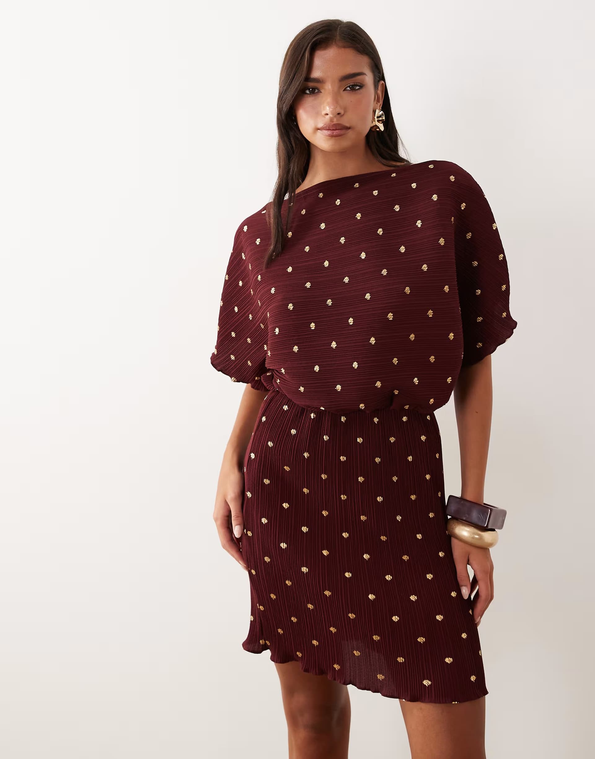 ASOS Never Fully Dressed Tilly off shoulder plisse mini dress in burgundy
