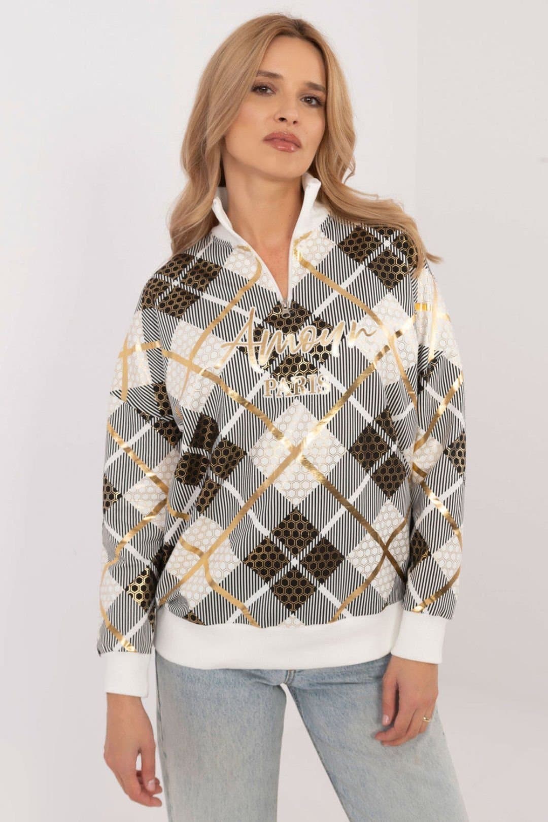 Love Lace Love Lace Women's Check Pattern Zip Collar Cotton Sweatshirt in White