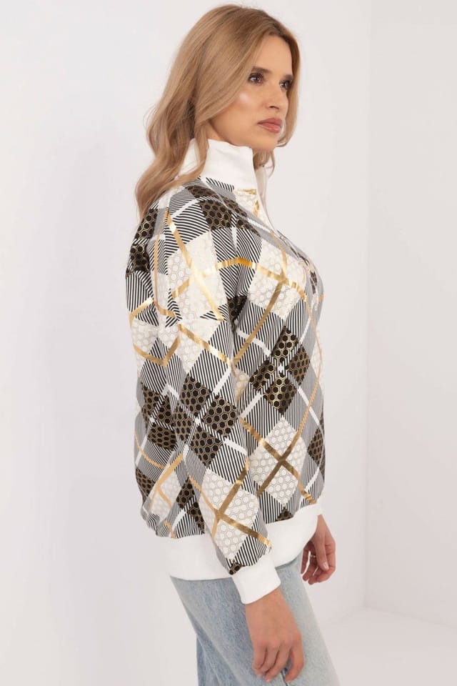 Love Lace Love Lace Women's Check Pattern Zip Collar Cotton Sweatshirt in White - 2