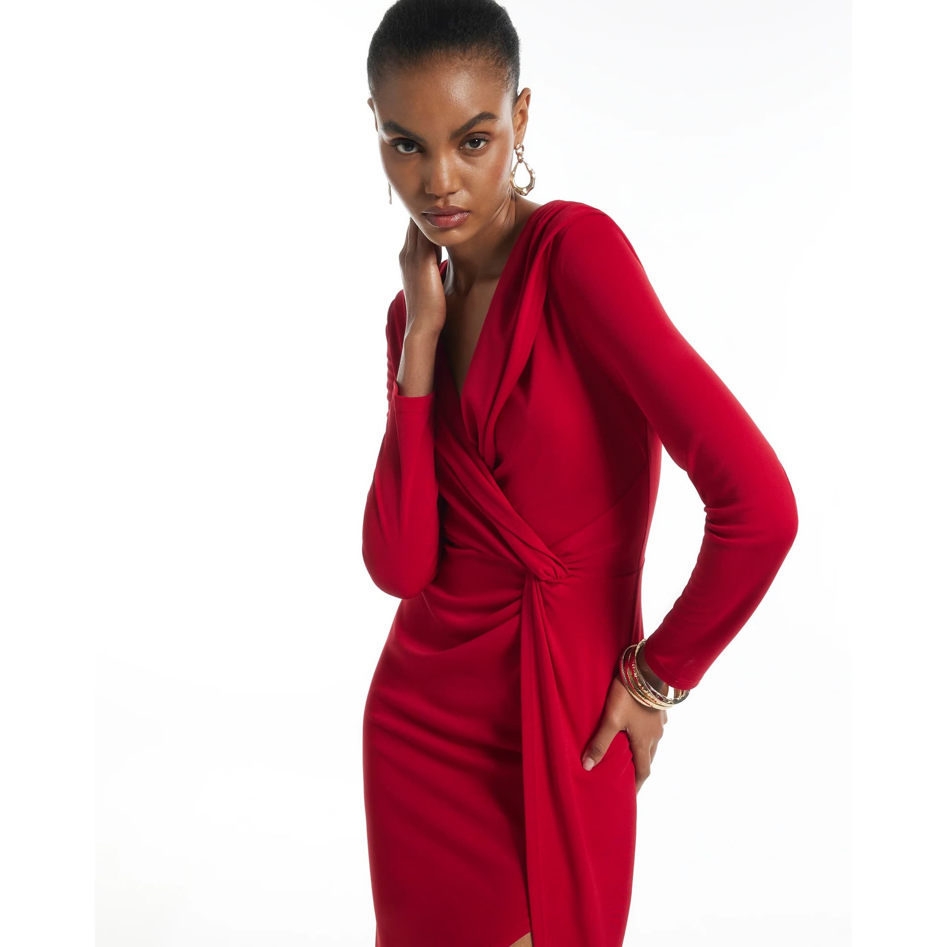 River Island River Island Womens Red Drape Front Long Sleeve Midi Dress