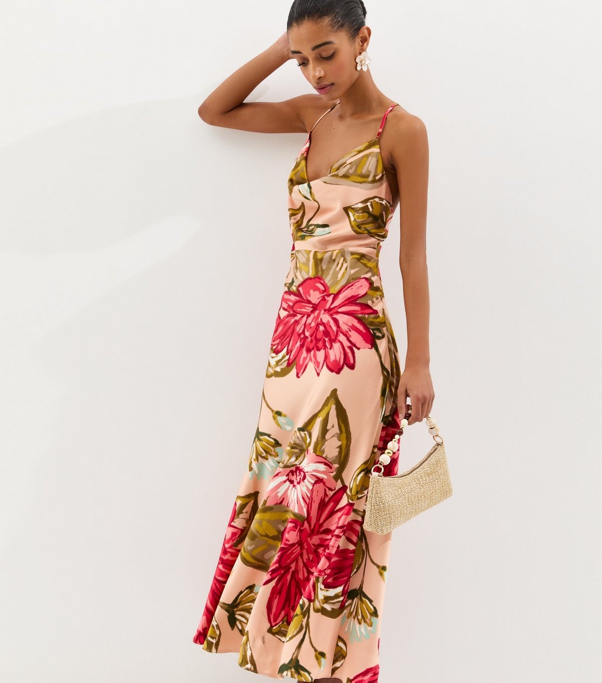 New Look Women's Coral Satin Large Florals Cowl Neck Maxi Dress New Look - 2