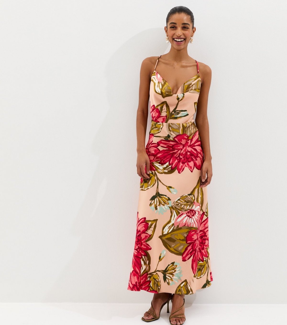 New Look Women's Coral Satin Large Florals Cowl Neck Maxi Dress New Look - 4