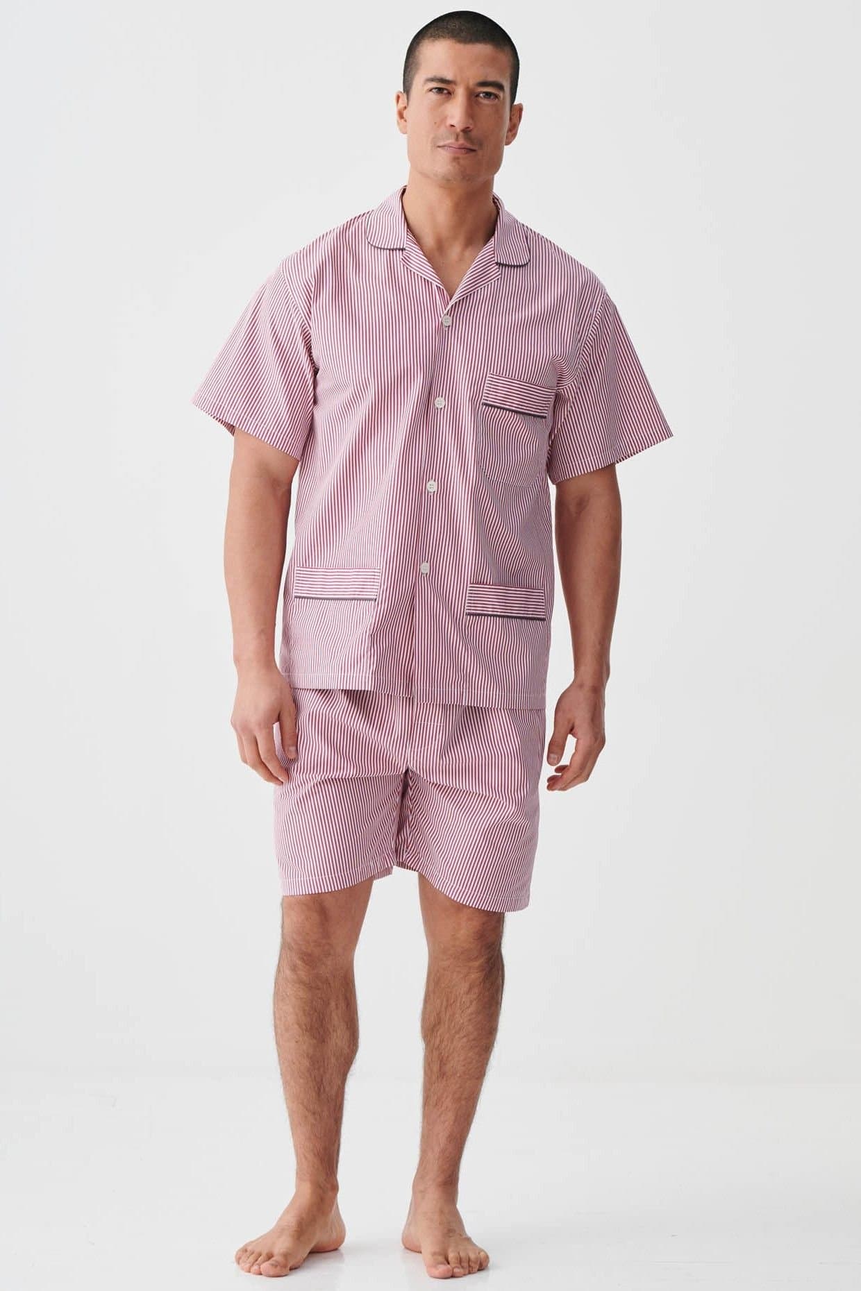 British Boxers British Boxers Men's "St James Red Pinstripe" Crisp Cotton Short Pyjama Set in Dark Red