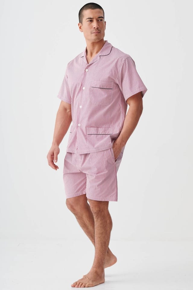 British Boxers British Boxers Men's "St James Red Pinstripe" Crisp Cotton Short Pyjama Set in Dark Red - 2