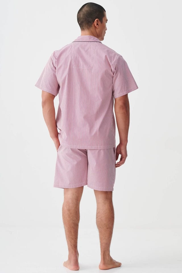 British Boxers British Boxers Men's "St James Red Pinstripe" Crisp Cotton Short Pyjama Set in Dark Red - 3