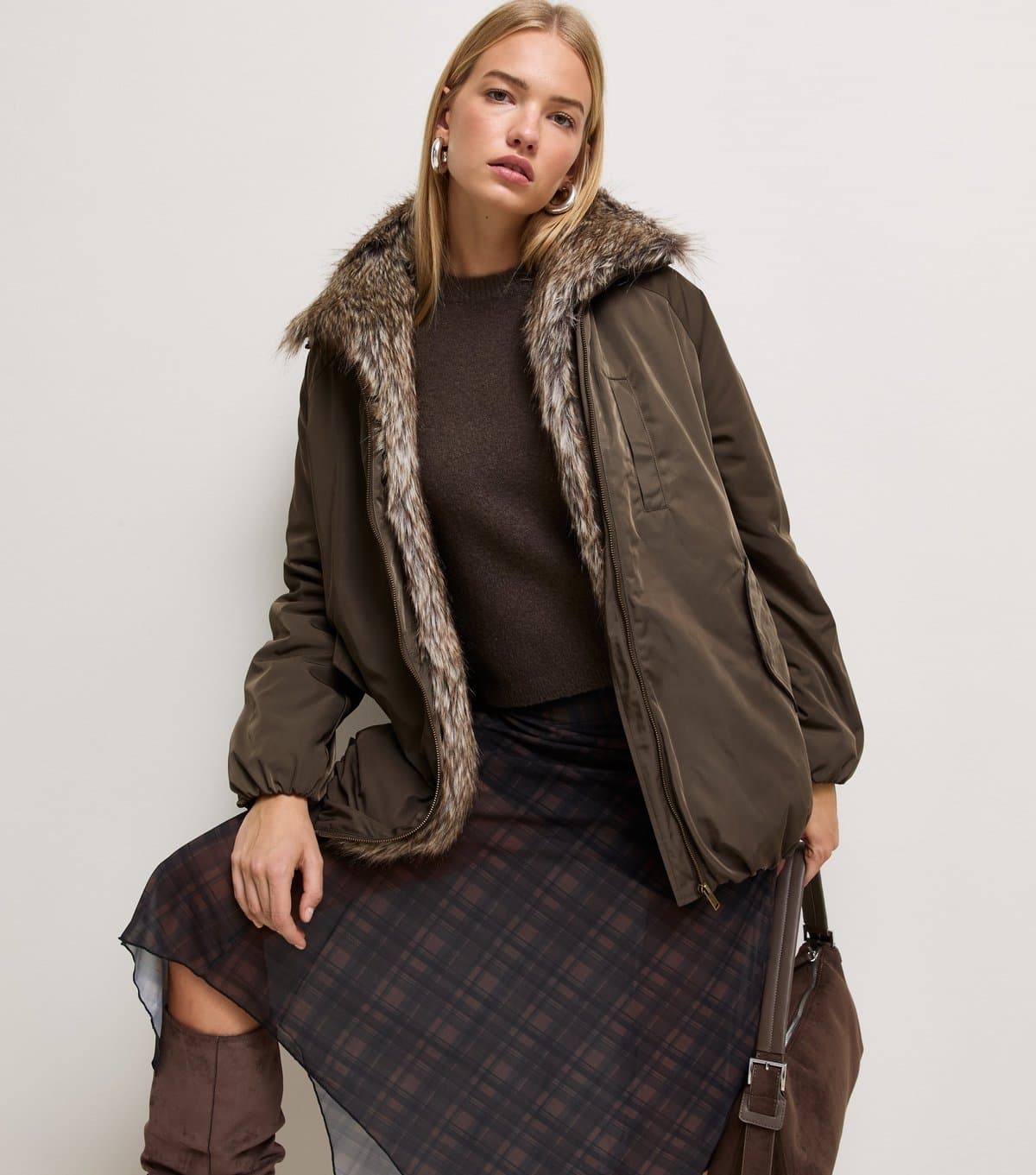 New Look Women's Dark Khaki Faux Fur Collar Padded Parka New Look