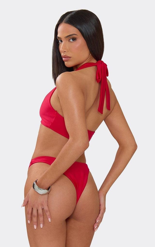 EGO Halterneck Trim Detail Bikini And Knot Front Skirt 3 Piece Set In Red, Women's Size UK 6 - 2