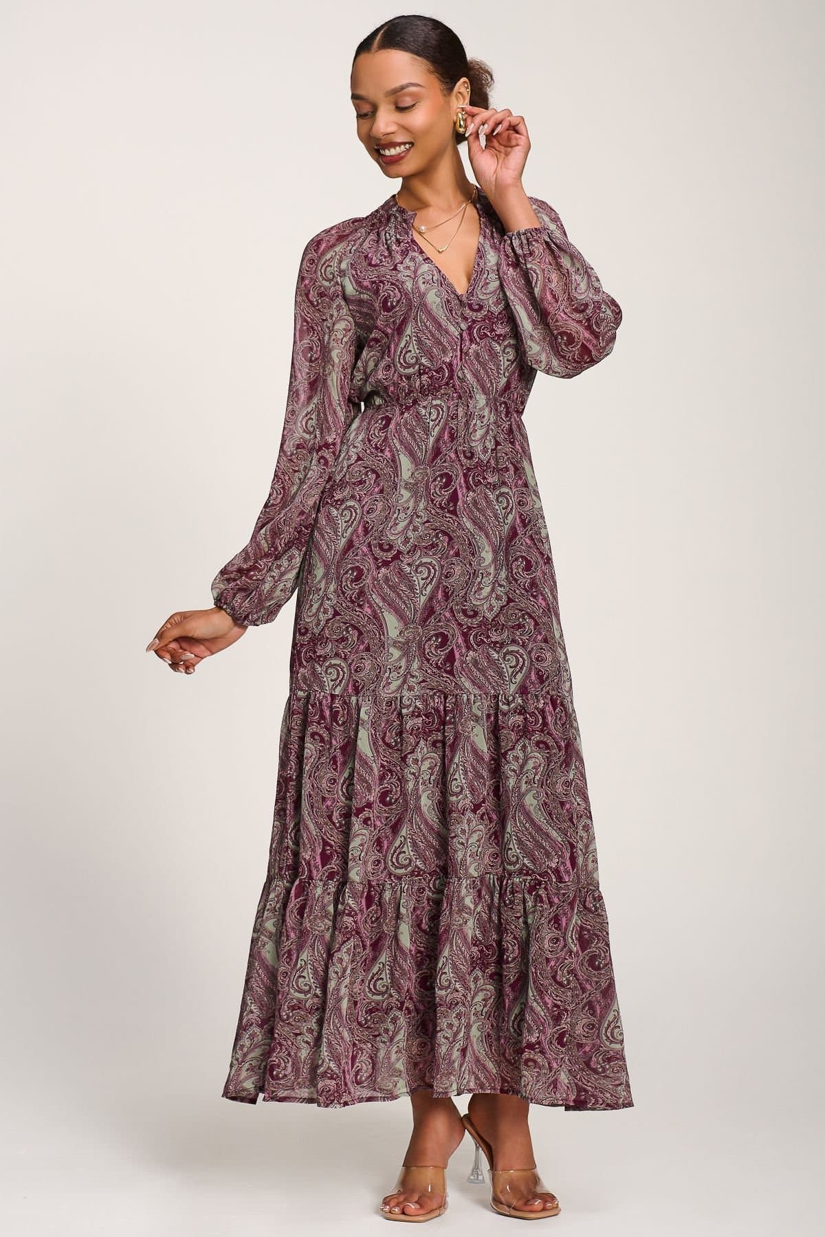 Jolie Moi Jolie Moi Women's Long Sleeve Paisley Chiffon Maxi Dress in Burgundy